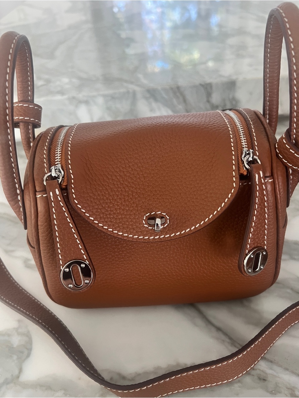 Brown Leather Crossbody Bag with Contrast Stitching